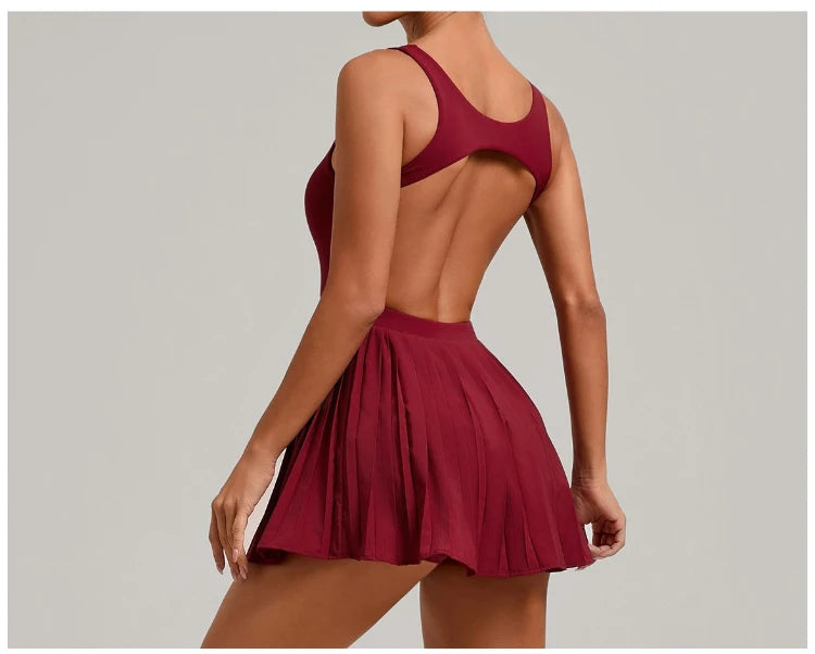VITALINOVO Workout Tennis Dress with Built in Shorts Square Neck Padded Workout Dress with Pockets Golf Athletic Mini Dresses