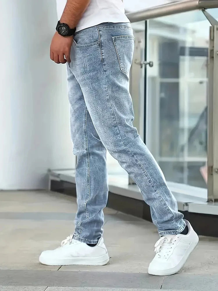 2025 Men's Slim Four-Season Washed Fashion Jeans Stretch Slim Fit Light Blue Gray Black Casual Denim Pants