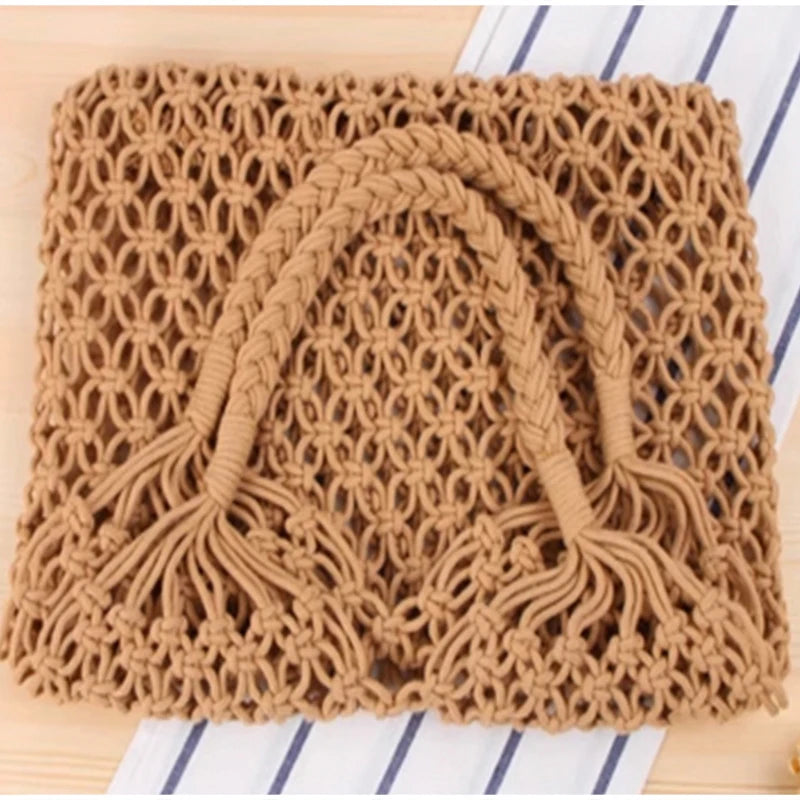 Hollow Crochet Mesh Woven Shoulder Bag With Inner Pocket,Women Solid Color Handbag,Summer Work Beach Vacation Commuting Tote Bag