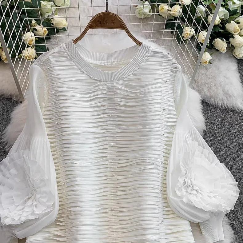 ANLAN Luxury Beading Hollow Out Tassels Pleated Miyake Dresses Women 3D Flower Splice Lantern Sleeve Loose Party Dress 2025 N