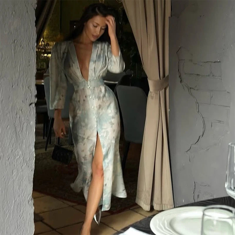 Fashion Printed Deep V Neck Women Slim Dresses Chic Long Sleeve High Waist Dress Summer New Beach Party Lady High Split Vestidos