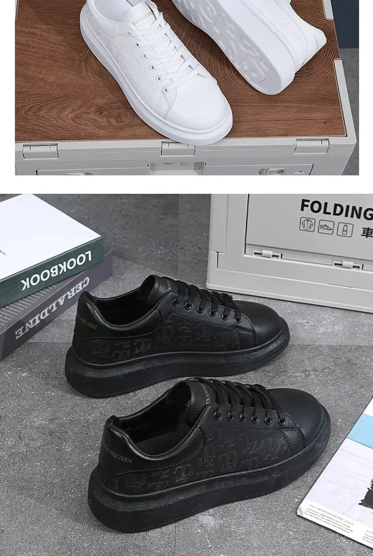 2026 Men's Casual Shoes Spring and Autumn Flat-soled Casual Leather Shoes Sports Shoes Black and White Men's Thick-soled Shoes