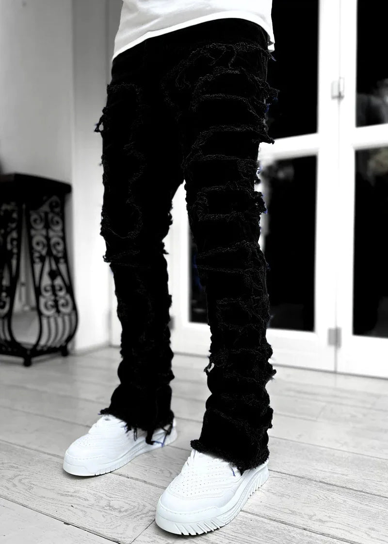 2026 New Men's Denim Straight-Leg Pants, European and American Street Fashion Ins Stretch Patch Denim Straight-Leg Pants