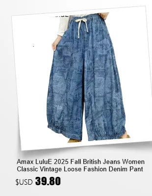 Amax LuluE Fall Korean Casual Jeans Womens Classic Striped Fashion Vintage Denim Pants Ladies Loose Elastic Waist Harem Trousers
