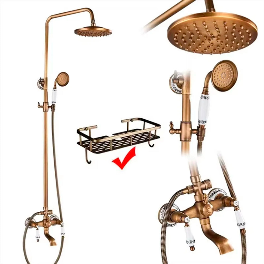 Antique Brass Shower Faucet Set Rainfall Head Shower with Handshower Wall Mount Dual Handle Mixer Bathroom Shower System