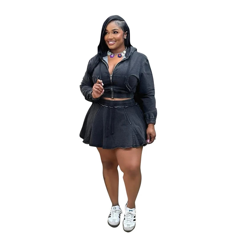 Streetwear Denim 2 Piece Sets Women Outfit Spring Clothing Women Full Sleeve Hooded Crop Top Pleated Skirt Sets Jean Dress Sets