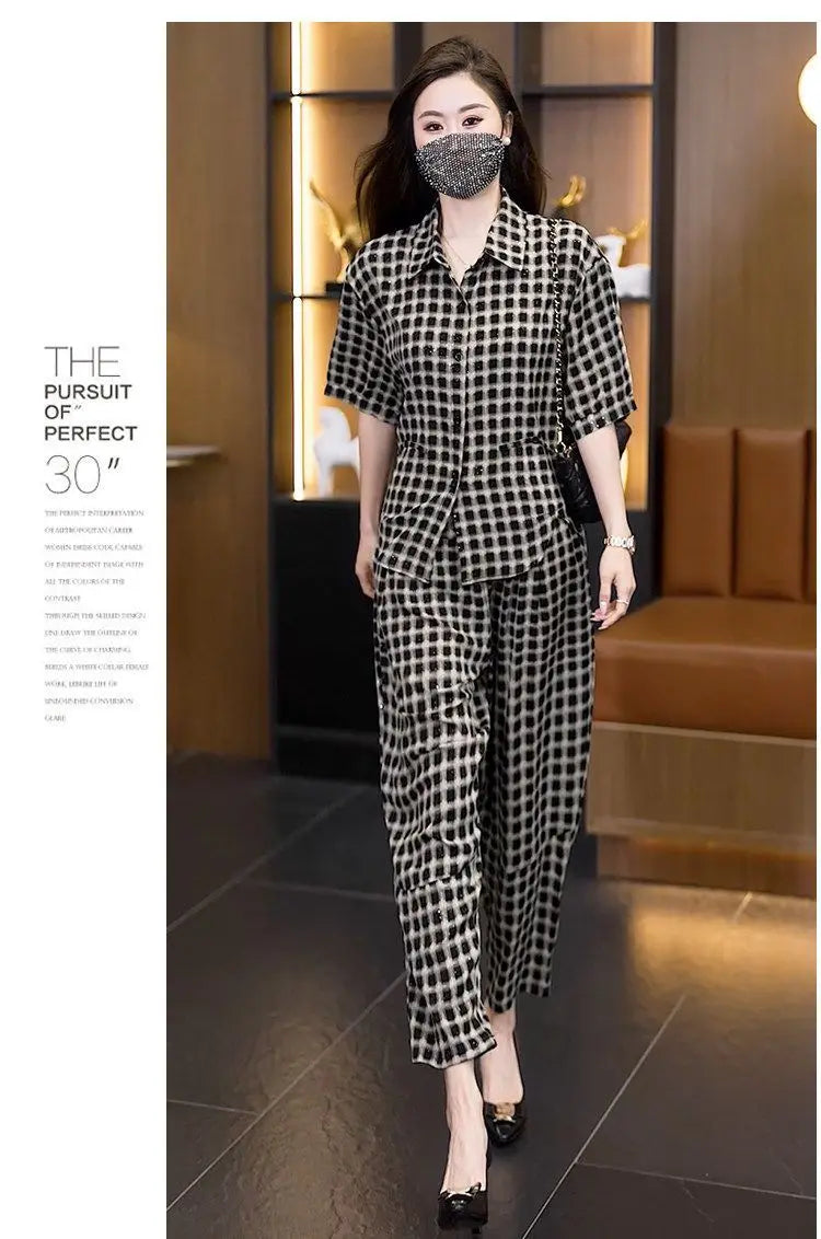 plus Size Casual Plaid Short Sleeve Women's Set Summer New Fashion Loose Shirt Two Piece Set High Waist Long Pants