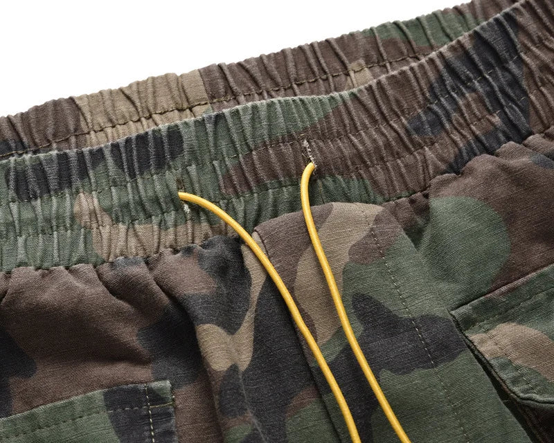 2025 New High Street Trend Drawstring Tie Waist Washed Vintage Casual Camouflage Multi Pocket Cargo Shorts