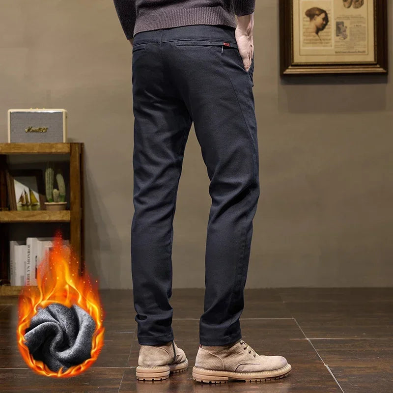 Korean Fashion Fleece Men's Casual Pants Slim Straight Youth Warm Trousers Thickened Thermal Stretch Male Clothes Trendy Brand