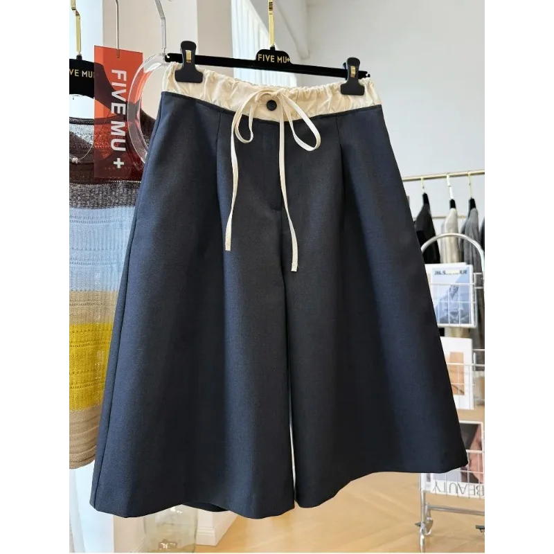 Women's Black Wide-Leg Shorts Contrast Elastic Waist Drawstring Loose Fit Casual Summer Bot