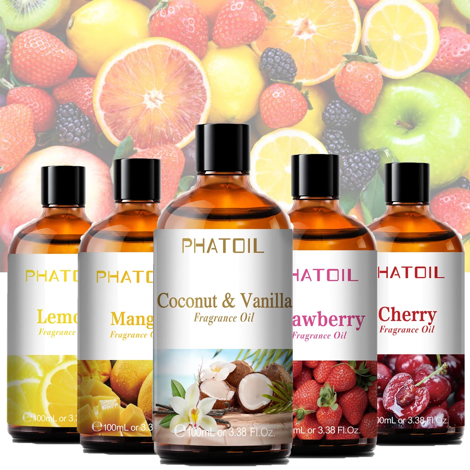 PHATOIL 100ml Fruit Series Fragrance Oils with Glass Dropper Coconut & Vanilla Strawberry Mango Cherry Aroma Oil For Diffuser