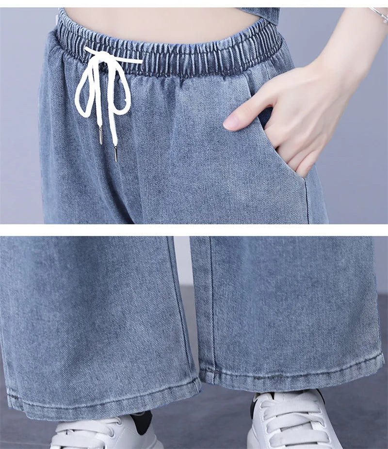 Summer Thin Jeans Set Women Fashion Short Sleeve Hooded Pullover Tops + Elastic Waist Wide Leg Pants 2PCS Female Denim Outfit