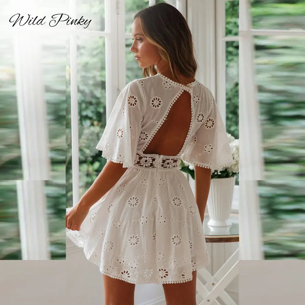 WildPinky Flare Sleeve Cotton White Lace Dress Women Casual Ladies Summer High Waist Short Dress Backless Hollow Out Vestidos