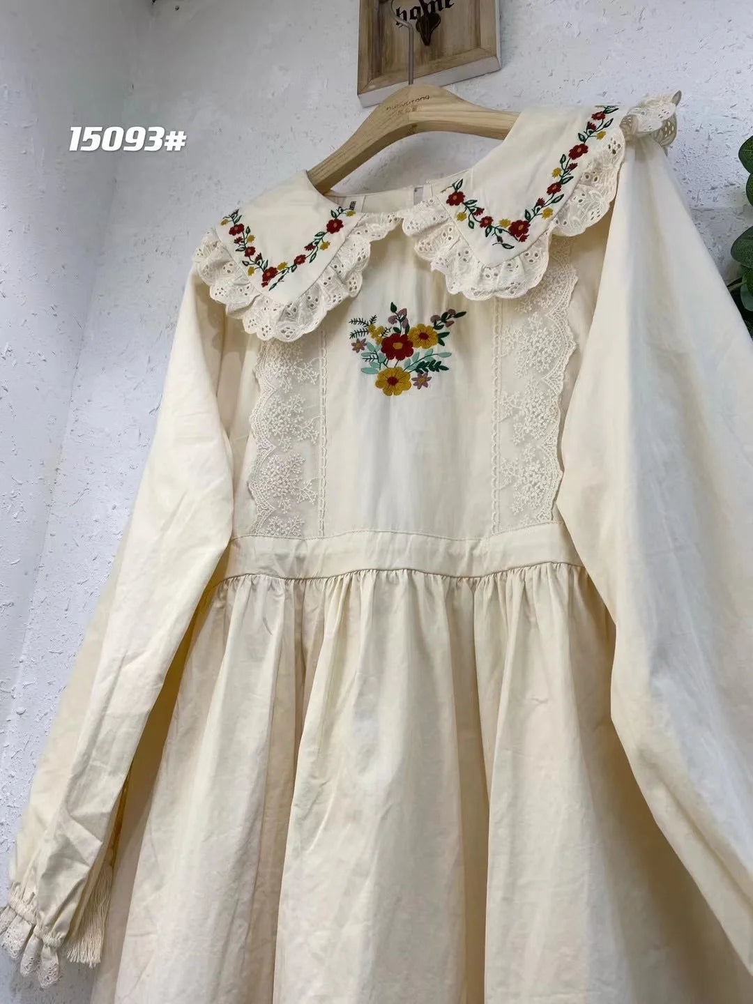 Mori Girl Floral Embroidery Cotton Linen Dress for Women, Autumn Lace, Peter Pan Collar, Kawaii Dress, Casual Long Sleeve Sundre