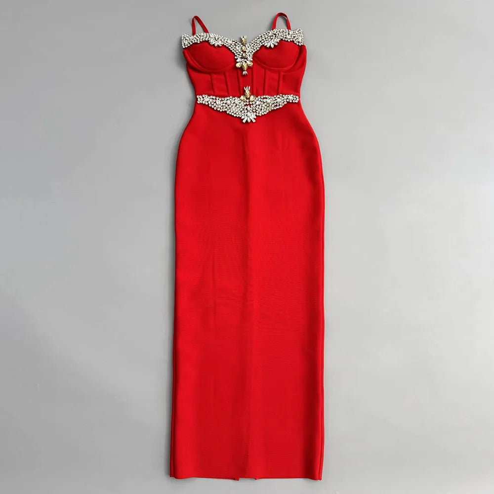 2025 Summer New Women Bandage Dress Sexy Spaghetti Strap Beading Clothes Club Party Maxi Dresses