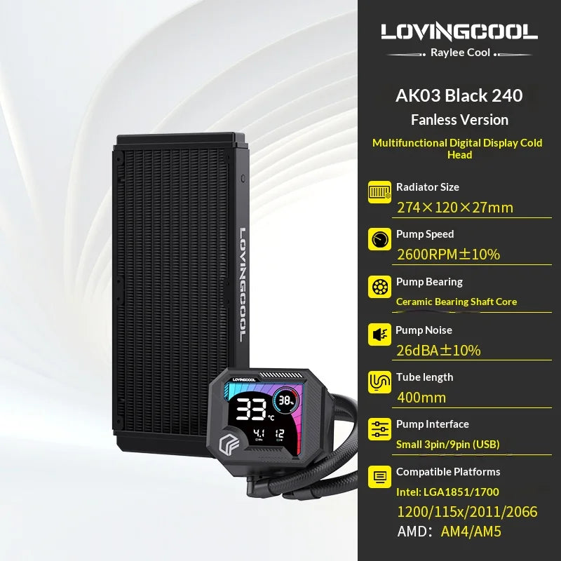 LOVINGCOOL AK liquid cooler 240mm 360mm broken code screen dynamic digital display ARGB PWM Abyss Mirror integrated water cooled