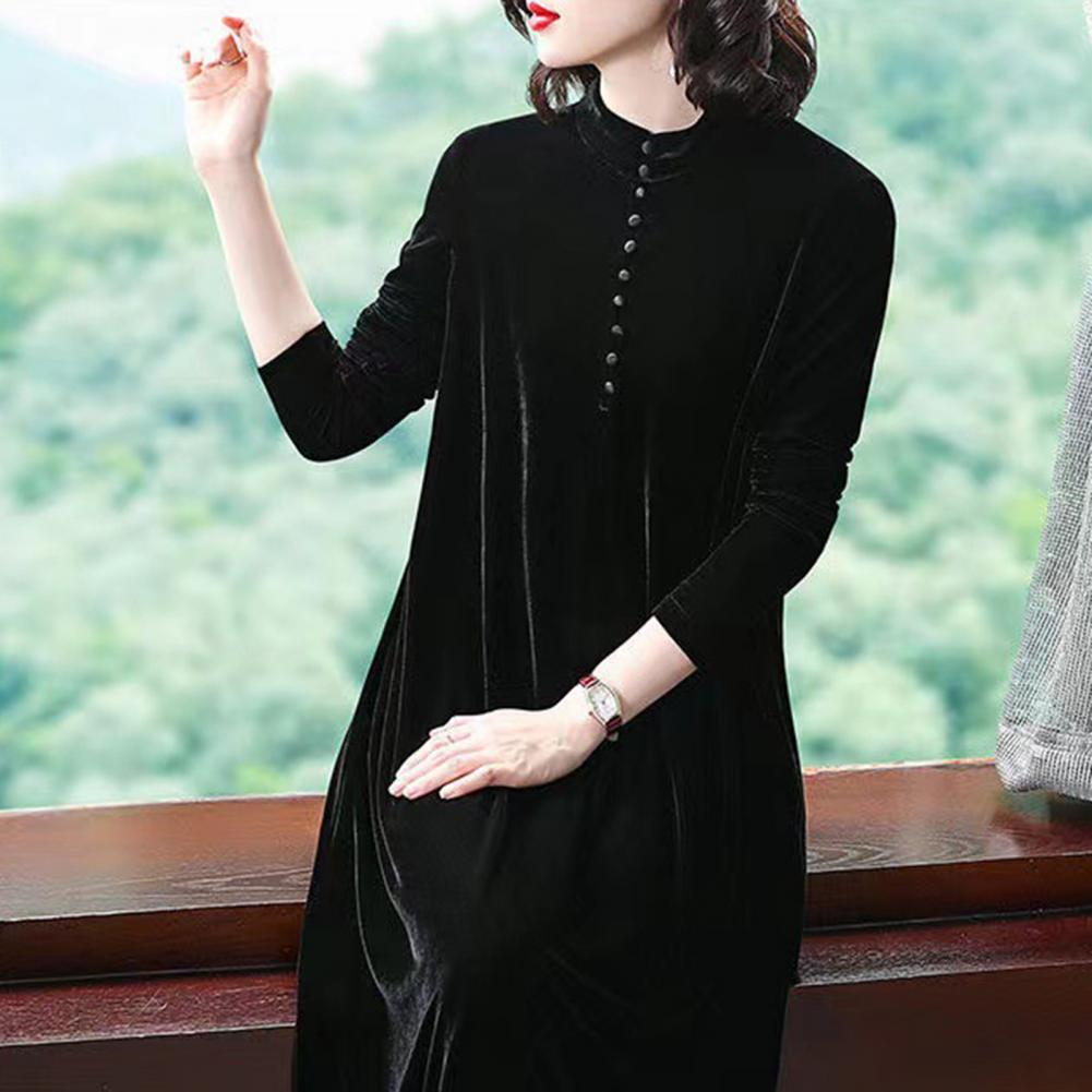 Women Fall Dress Solid Color Loose Long Sleeves Button Maxi Dress Keep Warm Velvet Mom Spring Dress Women Clothes