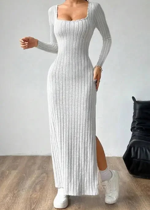 Womens Dresses 2026 Spring Autumn New Pit Stripe Square Collar Long Sleeve Sexy Backless Side Slit Slim Fit Daily Long Dress