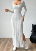 Womens Dresses 2026 Spring Autumn New Pit Stripe Square Collar Long Sleeve Sexy Backless Side Slit Slim Fit Daily Long Dress