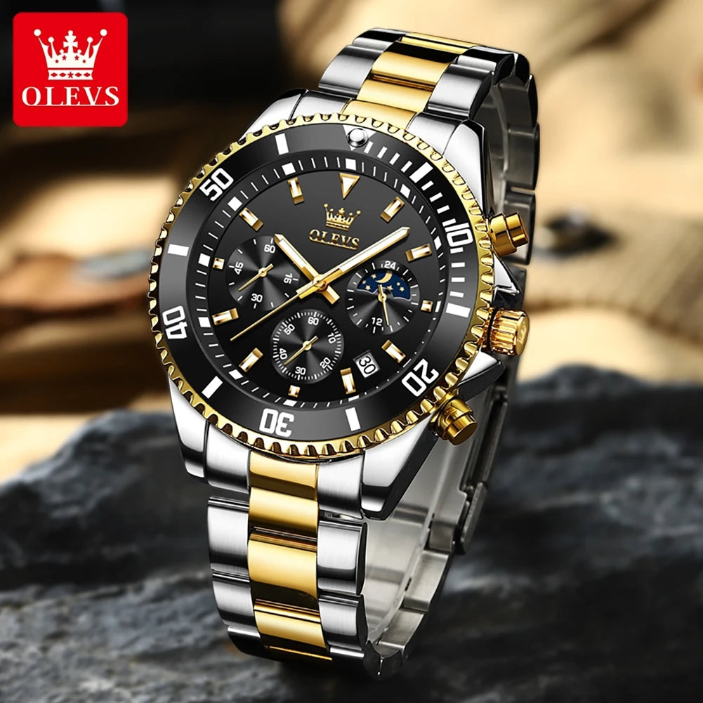 OLEVS 2870 Gold Men Watch Luxury Original Diving Series Men Watch Calendar Moon Phase Chronograph Sport Men Quartz Watch Gift
