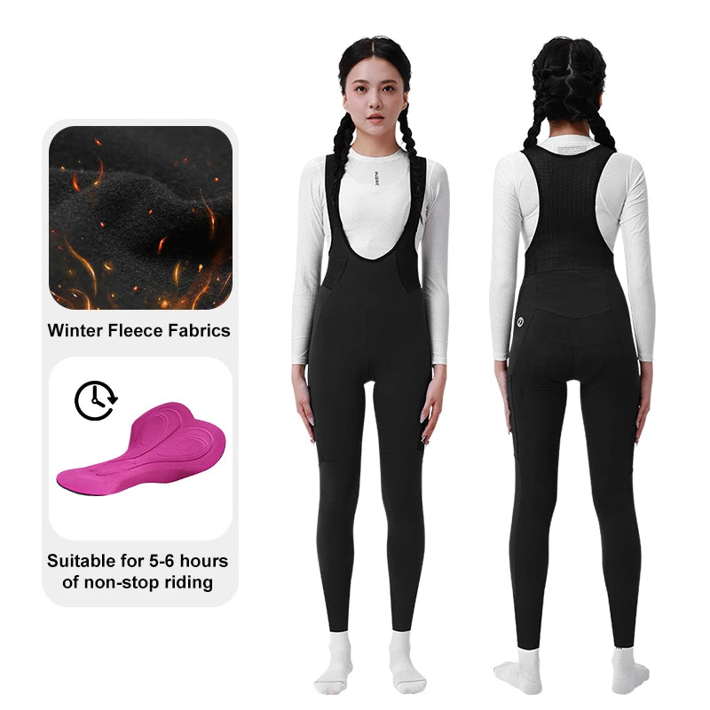 INBIKE Winter Women's Thermal Fleece Bibs Cycling Pants High Waist Padded Long Bike Tights with Pockets Bicycle Pants Clothing