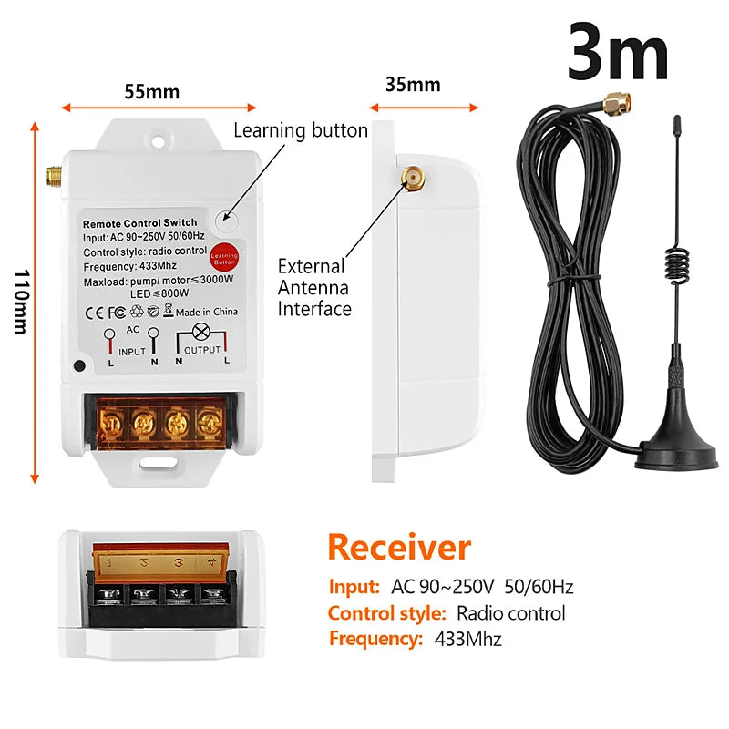 433 Mhz Remote Control Universal Wireless Remote Switch AC 220V 30A Relay Receiver 1000m RF Transmitter for Water Pump / Farm