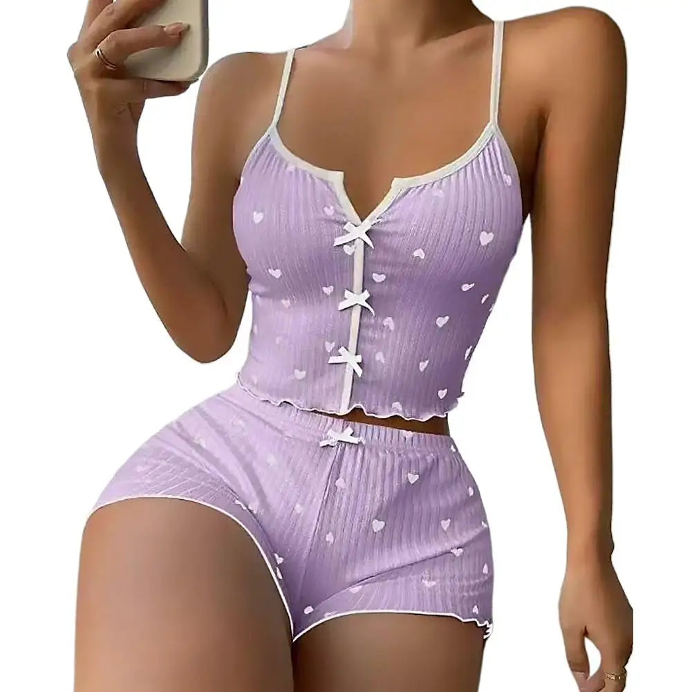 Women's Suspender Pajamas with Heart-Shaped Print Two-Piece Set Summer Comfortable Home Wear Sexy Casual Wear Set ﻿