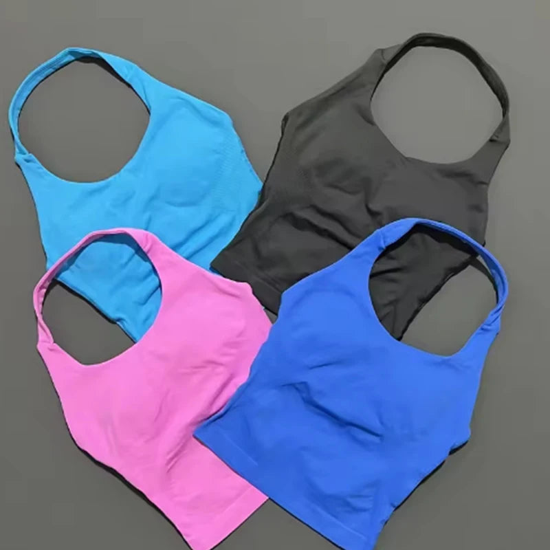 1DF-CY Women Seamless Halter Yoga Crop Top High Elastic Sports Bra Fitness Workout Gym Running Breathable Activewear Tank Top