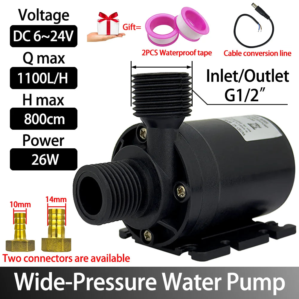 Brushless Motor Water Pump, DC6~24V 1100L/H, 8M Head G1/2" Submersible Pump, Fountain Water Heater, Shower Booster Pump, IP68