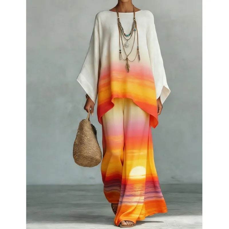 Bohemian Foreign Style Printed Women's Two-piece Set Spring Fashion O-neck Loose Top+wide Leg Pants Suit Ladies Office Outfit