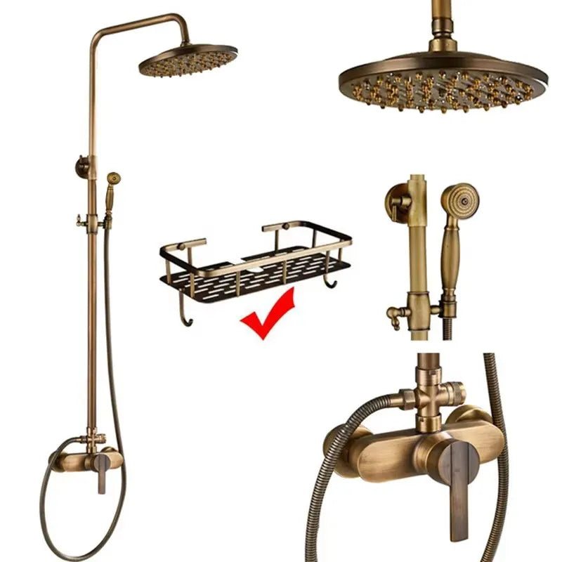Antique Brass Shower Faucet Set Rainfall Head Shower with Handshower Wall Mount Dual Handle Mixer Bathroom Shower System
