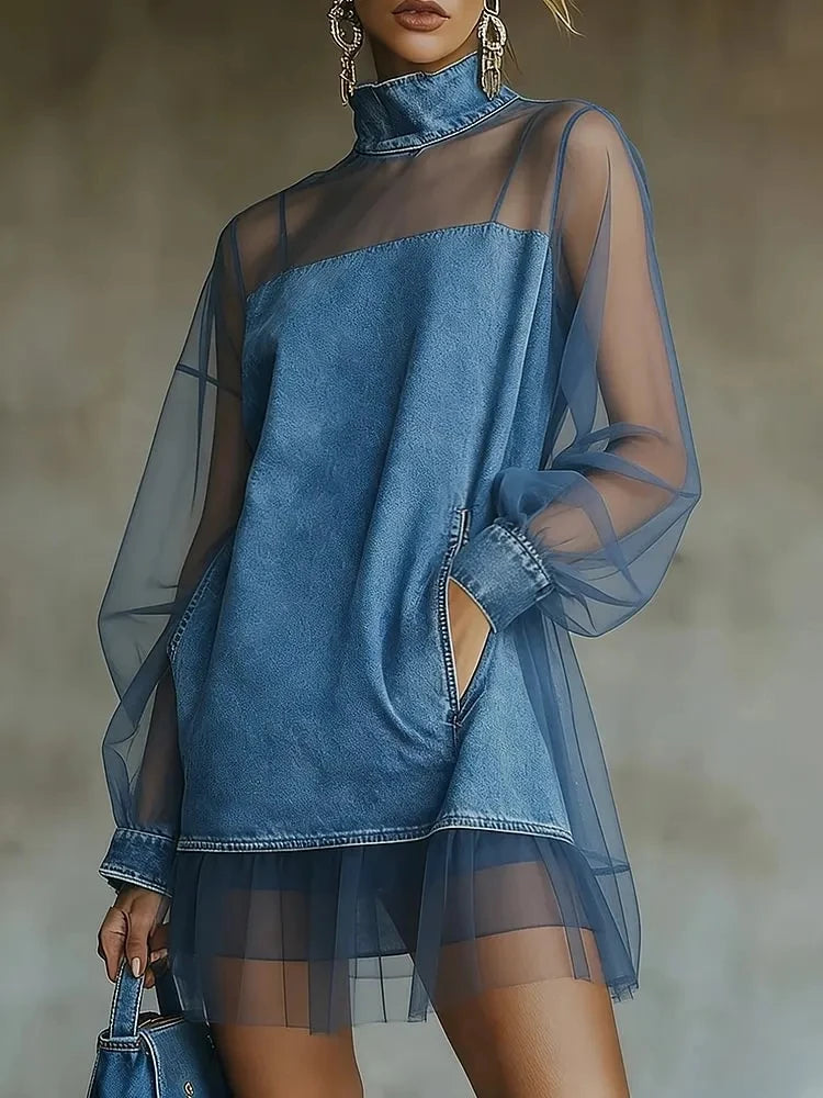 Denim Mini Dress For Women Fashion Turtleneck Tulle Patchwork Long Sleeve See Through Party Dresses Femme Daily Chic Vestidos