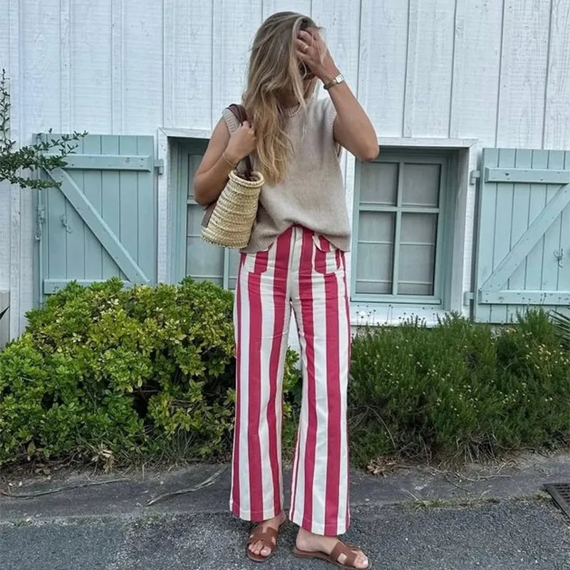 Casual Stripe Contrast Women's Pants Loose Zipper Button Pocket Wide Leg Female Pant 2026 Spring Summer Lady All-match Trousers