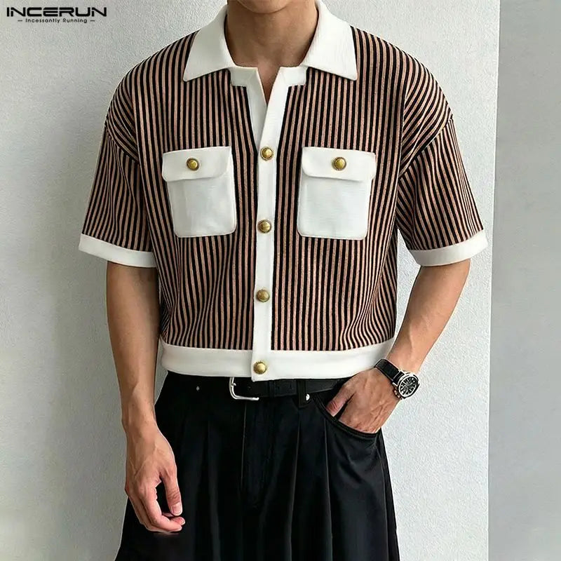 INCERUN Men Shirt Striped Patchwork Lapel Short Sleeve Casual Men Clothing Summer Color-block Fashion Leisure Tops Male Shirts