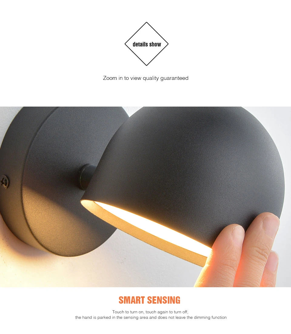 LED Indoor Wall Lamp Touch Dimming Wall Light 350° Rotatable Black White Lamp Hotel Aisle Bedroom Bedside Reading Wall Sconce
