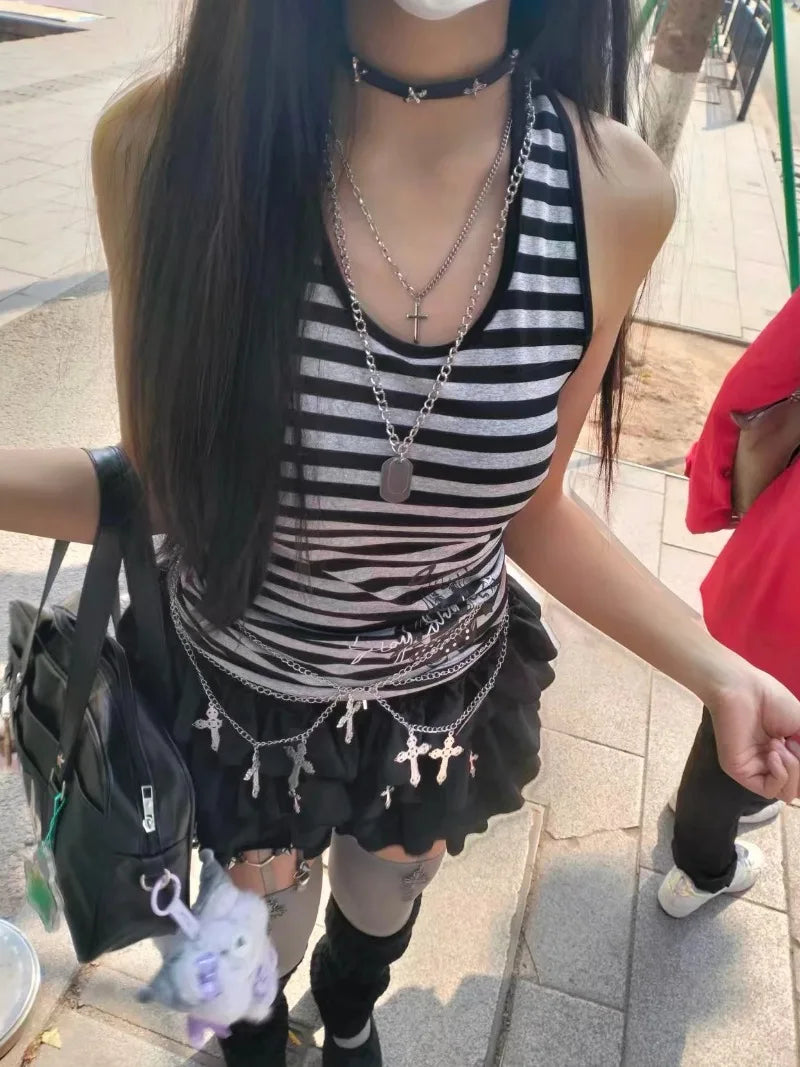 Retro Hottie Tank Tops Y2K Striped Halter Backless Cami Top Women Grunge Streetwear Slim Fit Sleeveless Shirt Graphic Sexy Vest