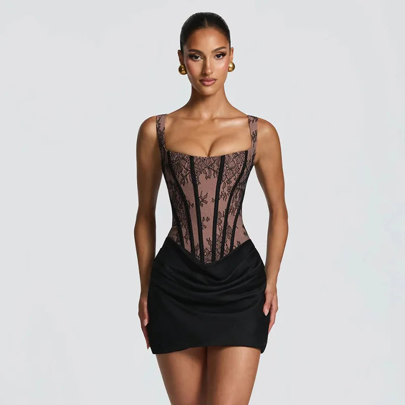 Sexy Lace Patchwork Corset Top Ruched Mini Skirt Dress Slim Fit Bodycon Sleeveless Elegant Birthday Party Summer Dresses 2026