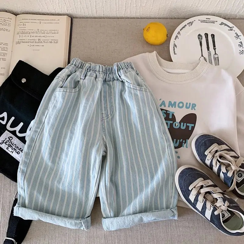 Children's Cotton Soft Retro Stripe Jeans Spring and Autumn Boys and Girls' Casual Loose Straight Pants 80-130cm