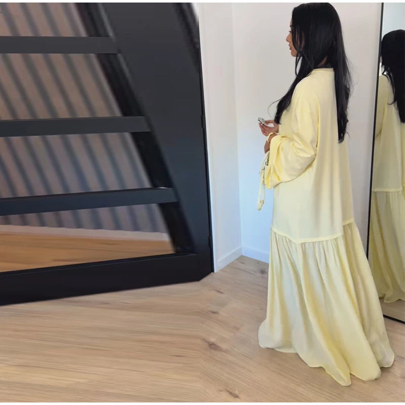 Solid Color Loose Fit Flare Sleeve Tiered Dress Crew Neck Ruffle Hem Pleated Long Maxi Dresses 2026 Spring Chic Casual Outwear