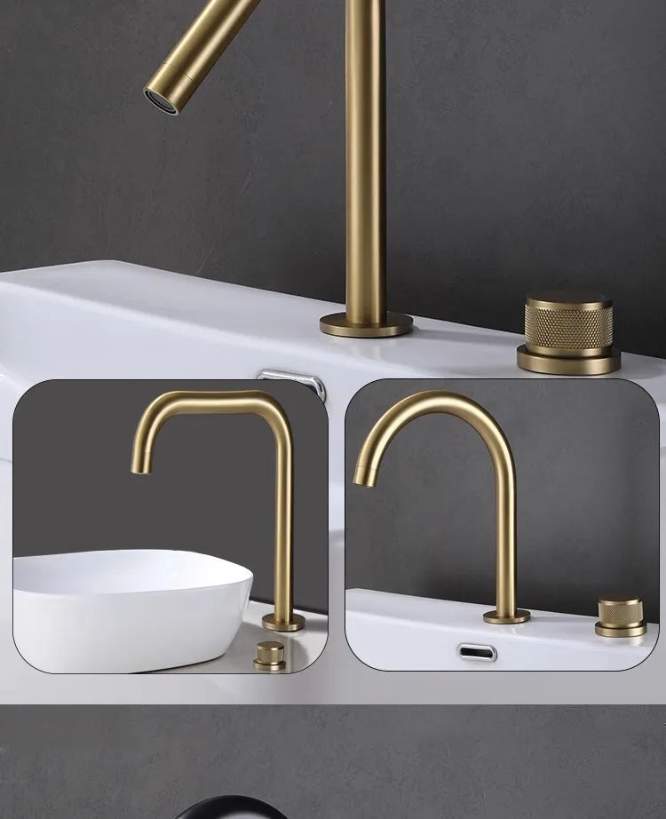 Tuqiu Bathroom Faucet Brass Widespread Brush Gold Basin Faucet Brass Sink Faucet 2 Hole Hot & Cold Wash Faucet Water Tap