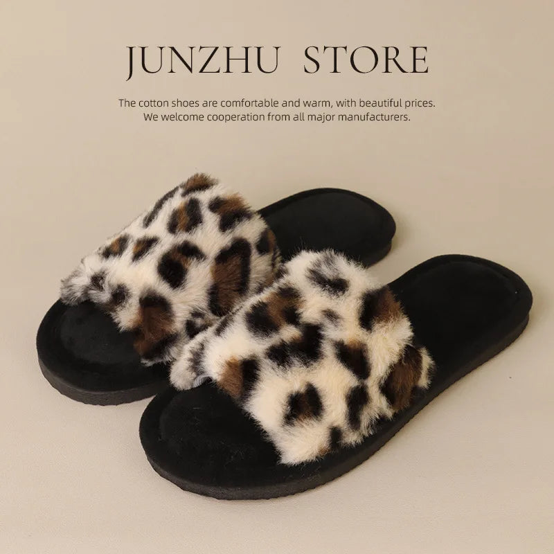 Fashion Women Leopard Print Fuzzy Plush Slippers Home Slides Soft Sole Non Slip Warm Cozy Indoor Casual House Ladies Footwear