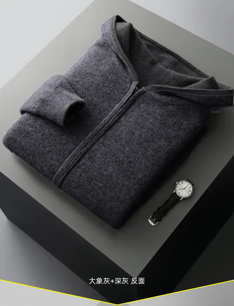 New Men's 100% Merino Wool Double Sided Wearable Hooded Sweater Casual Autumn Winter Coat Long Sleeved Men's Wool Sweater Tops