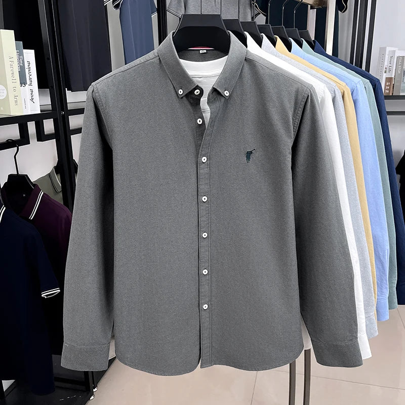 High End 100% Pure Cotton Long Sleeved Men's 2026 Spring Fashion Solid Color Business Casual Small Horse Logo Shirt
