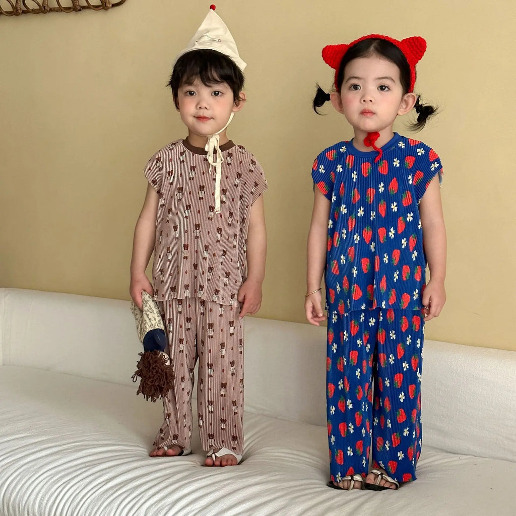 2026 New Infants Kids Matching Clothing Set Cartoon Print Pleated 2 Pieces Suit Tank Top Trousers Soft Loose Streetwear Homewear