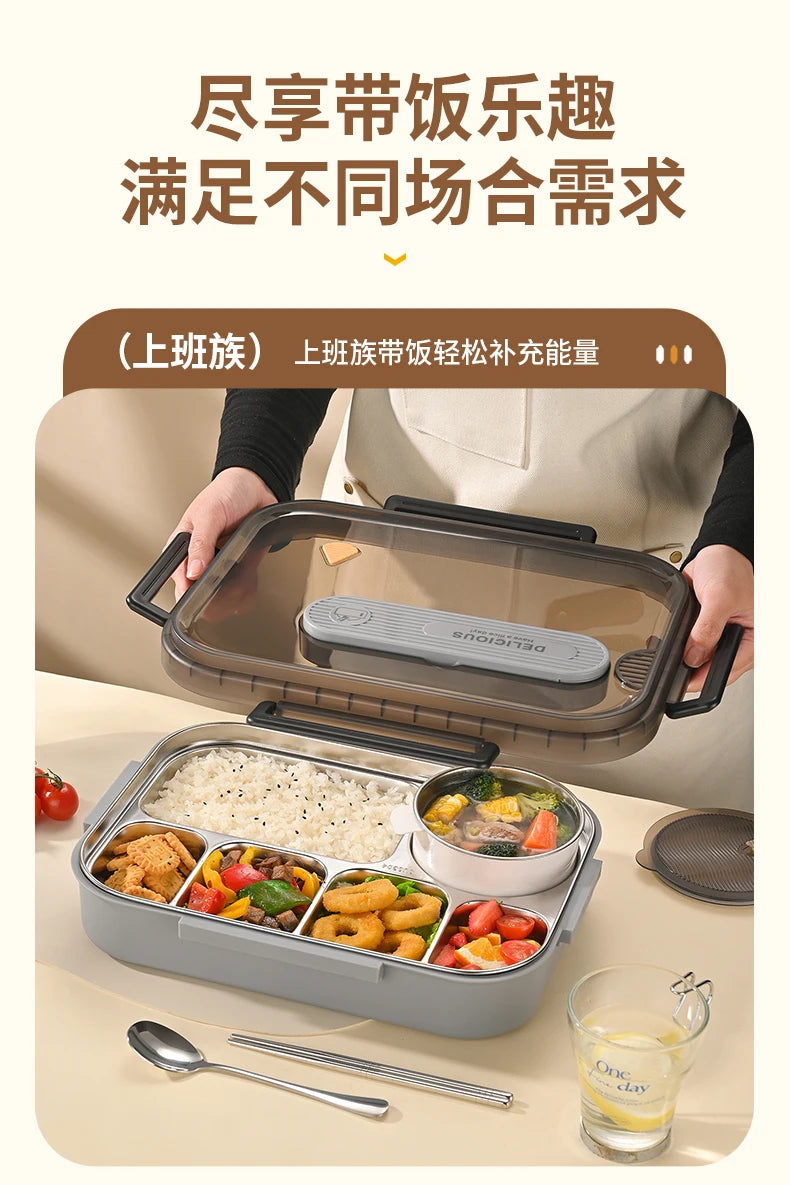 Portable Insulated Stainless Steel Lunch Box for Office Workers And Students Sealed Bento with Microwave Heating Food Container