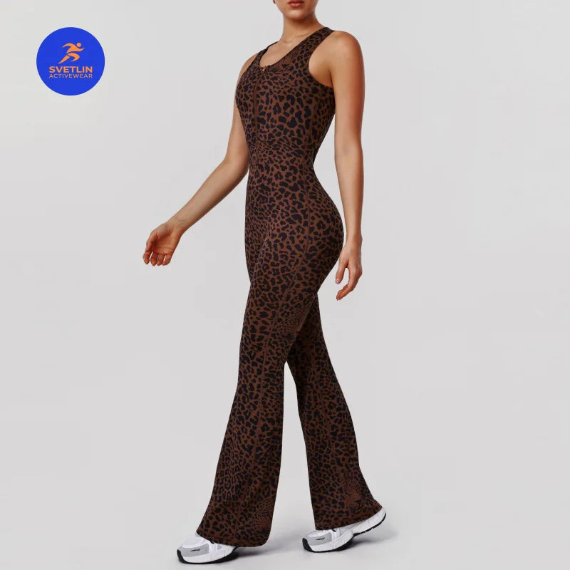 SVETLIN EU US Size Top Quality Crossborder Leopard Print Hip Lifting Flared Yoga Jumpsuit Backless Sexy Workout Bodysuit