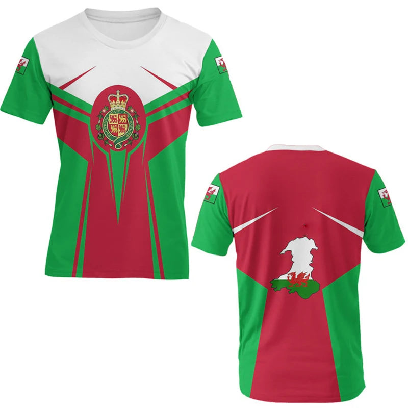 Wales Flag 3D Print Football T-shirt For Men Clothing Summer Casual Sports Short Sleeve T Shirts Wales Map Pattern Men's Tees