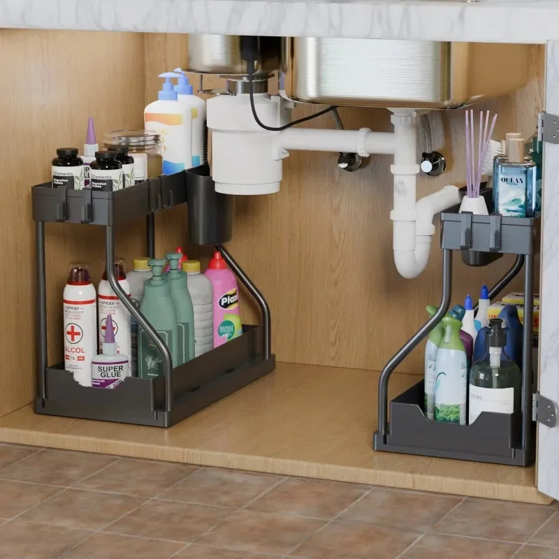 Space-Saving Organizer Shelf 2-Tier Pull-Out Storage Organizer Durable Large Capacity Drawer for Kitchen and Bathroom Essentials