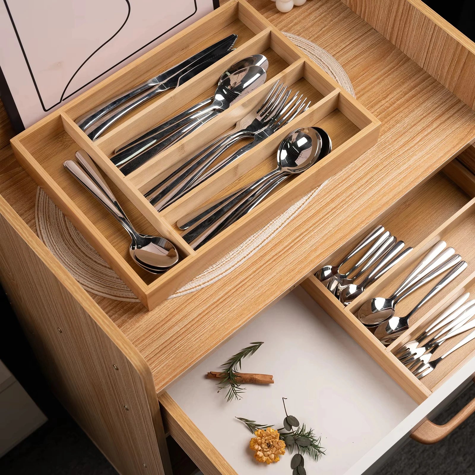 3-grid Bamboo Kitchen Drawer Organizer Knife Box Bamboo Cutlery Storage Box   Divided Storage Box for Tabletop and Drawer