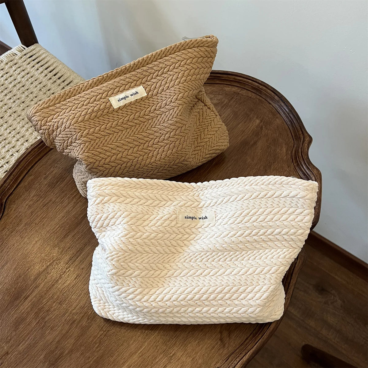 Handwoven Cotton Makeup Bag – Artistic Crochet Cosmetic Pouch with Zipper, Minimalist Clutch for Women
